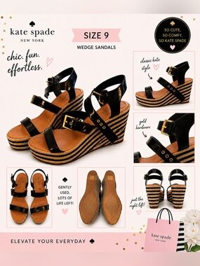 kate spade Black Striped Espadrille Wedge Sandals